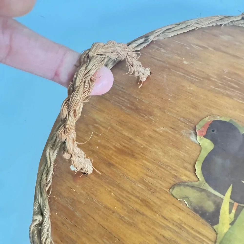 Vintage Wooden Serving Tray Braided Rope Handles Bird Iris Decoupage Rustic Oval